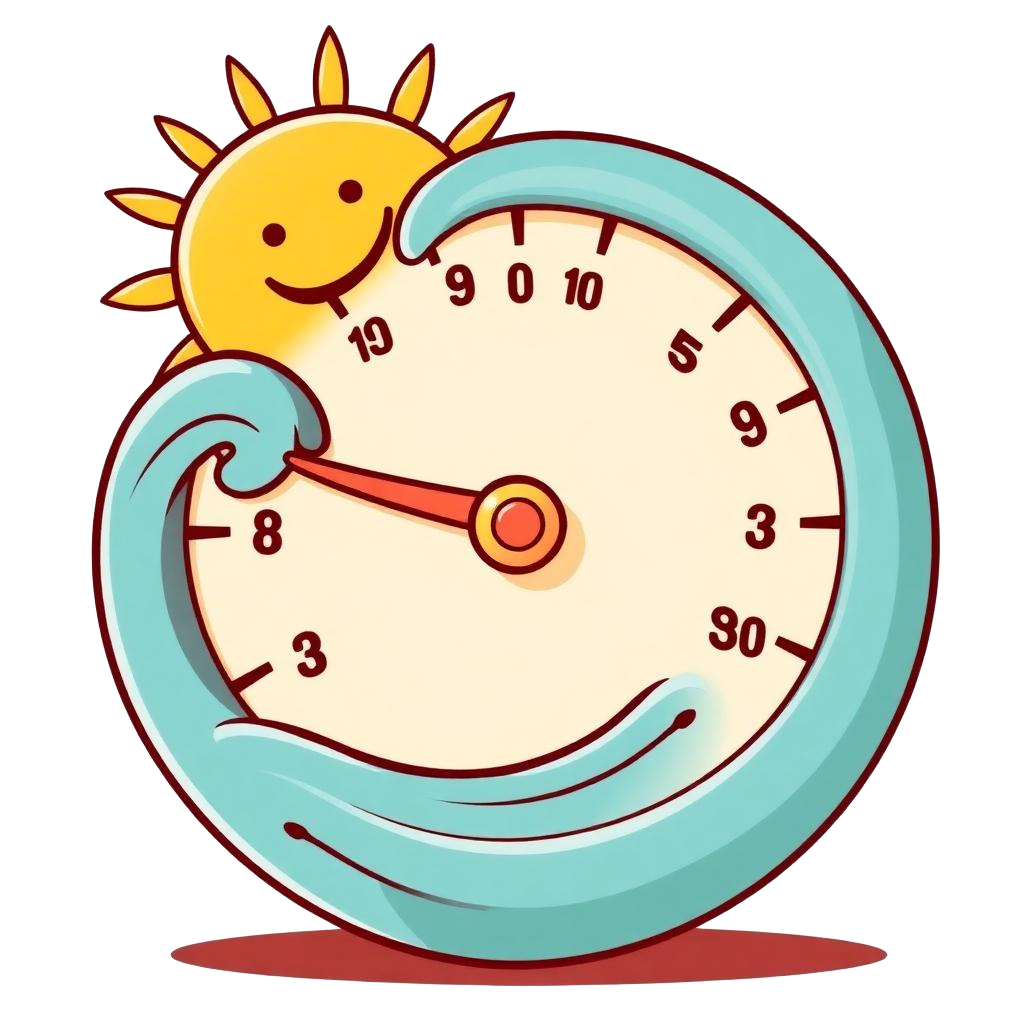 A friendly surf meter with a smiling sun